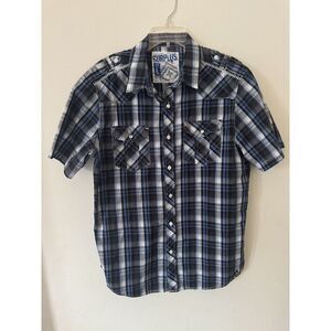 Surplus‎ Shirt Mens Large Button Up Short Sleeve Blue Black Plaid Snap Pockets